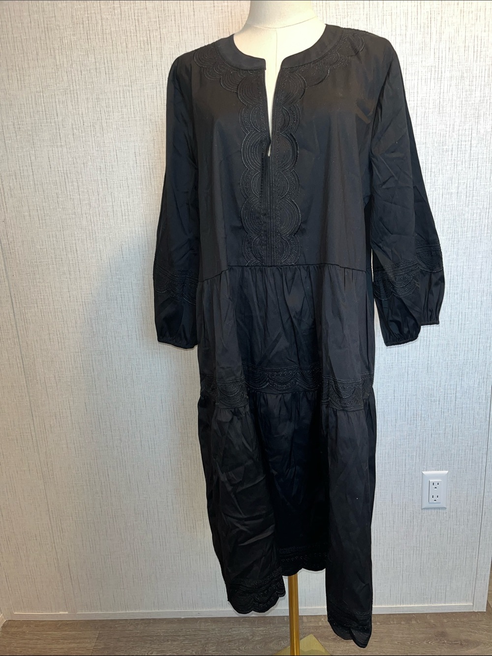 Black Embroidered Long Sleeve Women's Dress
